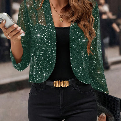 Women's Glitter Sequin - Golden Foil Pleated Fabric - Cardigan Jacket - 3/4 Sleeve Short Cropped Blazer for Business Casual