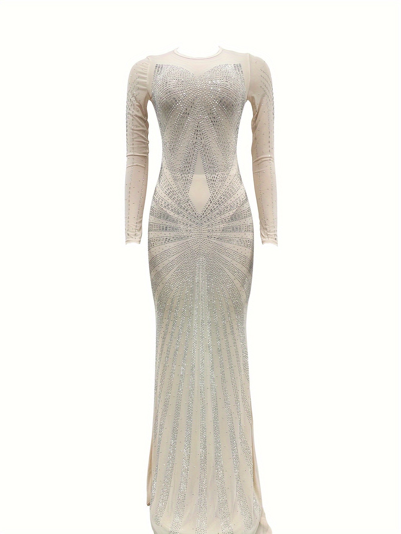 Long Sleeve Maxi Dress - Elegant Sheer Mesh with Rhinestone Detail - Bodycon Fit for Women - Perfect for Spring/Summer/Fall
