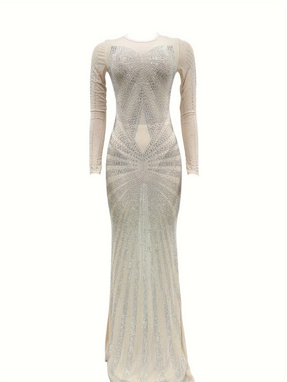 Long Sleeve Maxi Dress - Elegant Sheer Mesh with Rhinestone Detail - Bodycon Fit for Women - Perfect for Spring/Summer/Fall