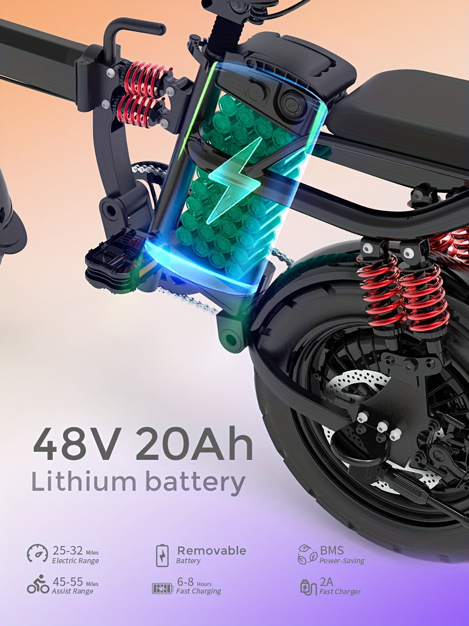 Foldable Electric Bike for Adults, 700W Peak Motor 48V 20Ah Removable Battery Ebike, 35 Miles 32km/h High - Speed, City Commuter, LCD Display, Dual Disc Brakes, for Men & Women (330 Lbs Capacity)
