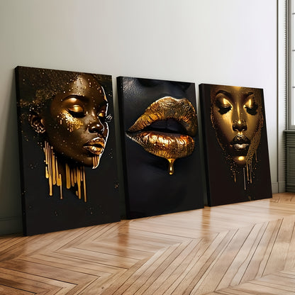 3pcs inset wood framed canvas paintings Golden and black portrait with bold lipshome decor and accessorie