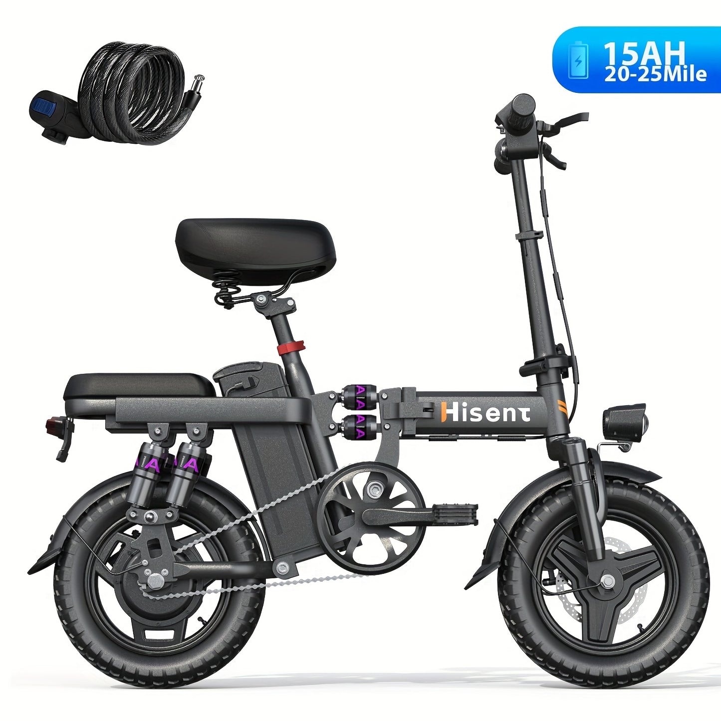 Hisent 740W Folding Electric Bike Is Suitable for Both Adults And Teenagers.14" Tires, 740W Brushless Motor, 48V 6A/10A/15A/17.5A Lithium Battery, Range Of 8-35 Miles, Multiple Shock Absorbers, Alloy Steel Frame, LCD Display