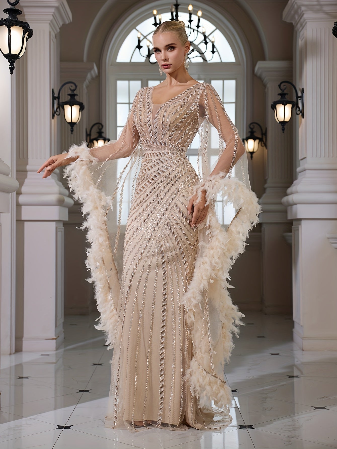 Sequined Lace V-neck Flared Long Sleeve Elegant Sexy Bodycon Mermaid Evening Gown