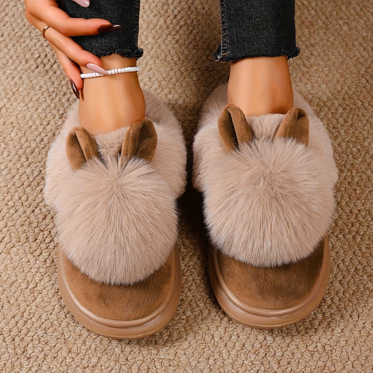 [Cozy House Shoes] 2025 New Autumn & Winter Single Ball Rabbit-Ear Design Warm Slippers for Men & Women - Couples' House Shoes with Thick Sole & Semi-Enclosed Back | Indoor/Outdoor Slides | Lightweight & Quiet Home Footwear |