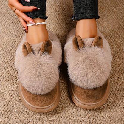 [Cozy House Shoes] 2025 New Autumn & Winter Single Ball Rabbit-Ear Design Warm Slippers for Men & Women - Couples' House Shoes with Thick Sole & Semi-Enclosed Back | Indoor/Outdoor Slides | Lightweight & Quiet Home Footwear |