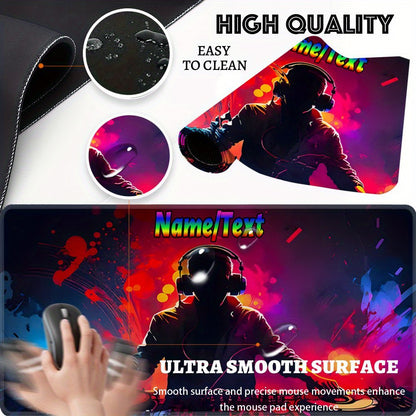 Custom DJ-Themed Gaming Desk Mat with Non-Slip Base & Personalized Text/Name - Large Computer Mouse Pad for Music Producers, DJs, Office Setup - Washable Surface & Rubber Backing, DJ Headphones & Turntables Design - Ideal Gif