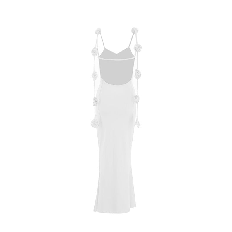 Women's Elegant Backless Evening Gown with 3D Flower Strap - Long Formal Wedding Dress, Prom Dress, Party Dress - Solid Color Round Neck All-Season Hand Washable Dress for Special Occasions