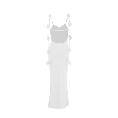 Women's Elegant Backless Evening Gown with 3D Flower Strap - Long Formal Wedding Dress, Prom Dress, Party Dress - Solid Color Round Neck All-Season Hand Washable Dress for Special Occasions