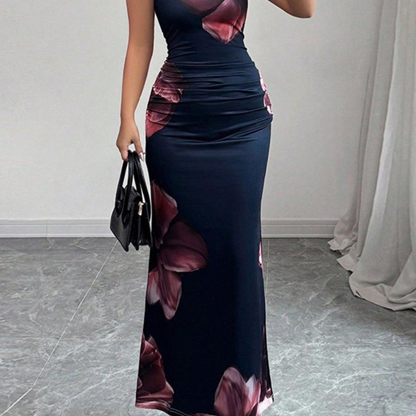Floral Print Sleeveless Round Neck Long Dress for Women, Slim Fit, Perfect for Autumn Parties