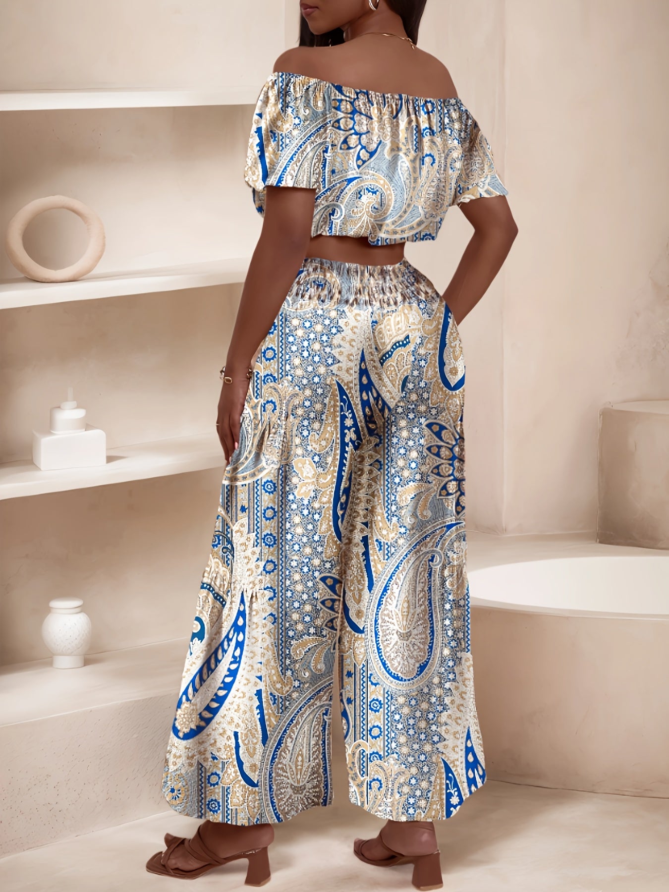 Summer Paisley Print Single Shoulder Bat Sleeve with Lace Edge Off Shoulder Short Top and Wide Leg Pants Set