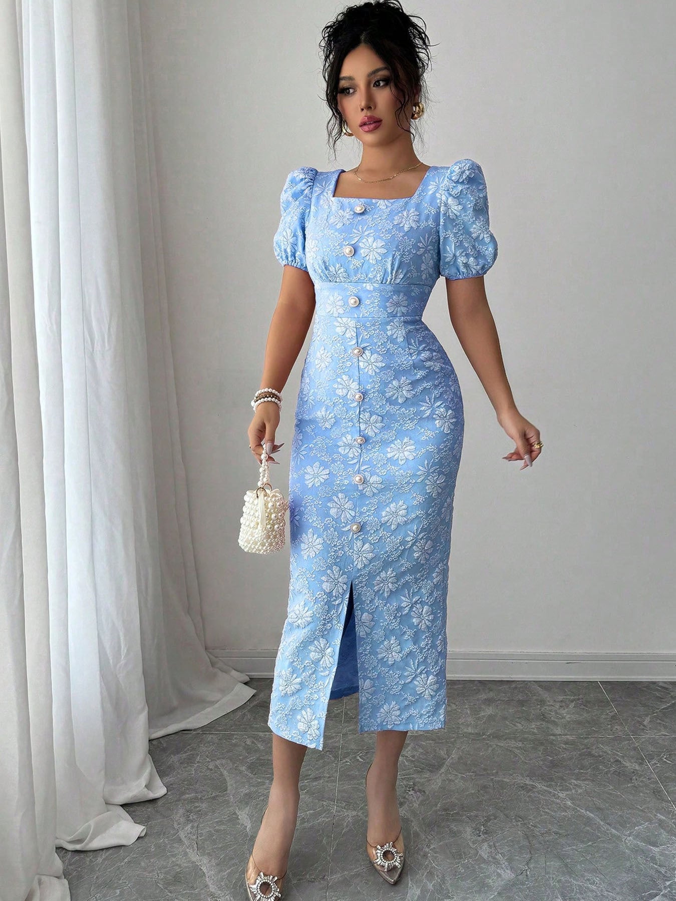 Women's Elegant Square Neck Formal/Party/Casual dress - Waist-Cinching A-Line Midi with Back Zipper, Non-Stretchy Fabric for Wedding, Evening, Vacation - Machine Washable Evening Gown