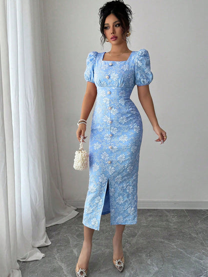 Women's Elegant Square Neck Formal/Party/Casual dress - Waist-Cinching A-Line Midi with Back Zipper, Non-Stretchy Fabric for Wedding, Evening, Vacation - Machine Washable Evening Gown