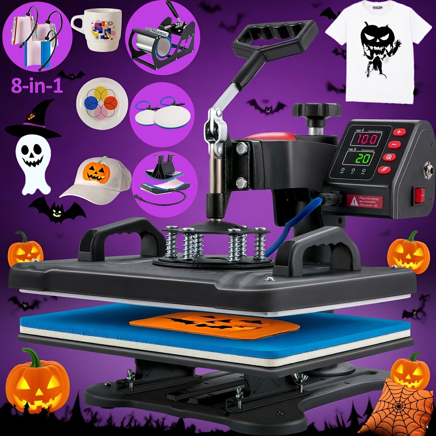 8in 1 Heat Press Machine Multifunctional, 15"x12" T Shirt Press Machine, 360° Rotation Shirt Press Machine Sublimation Heat Transfer for T Shirts Mug Hat Plate