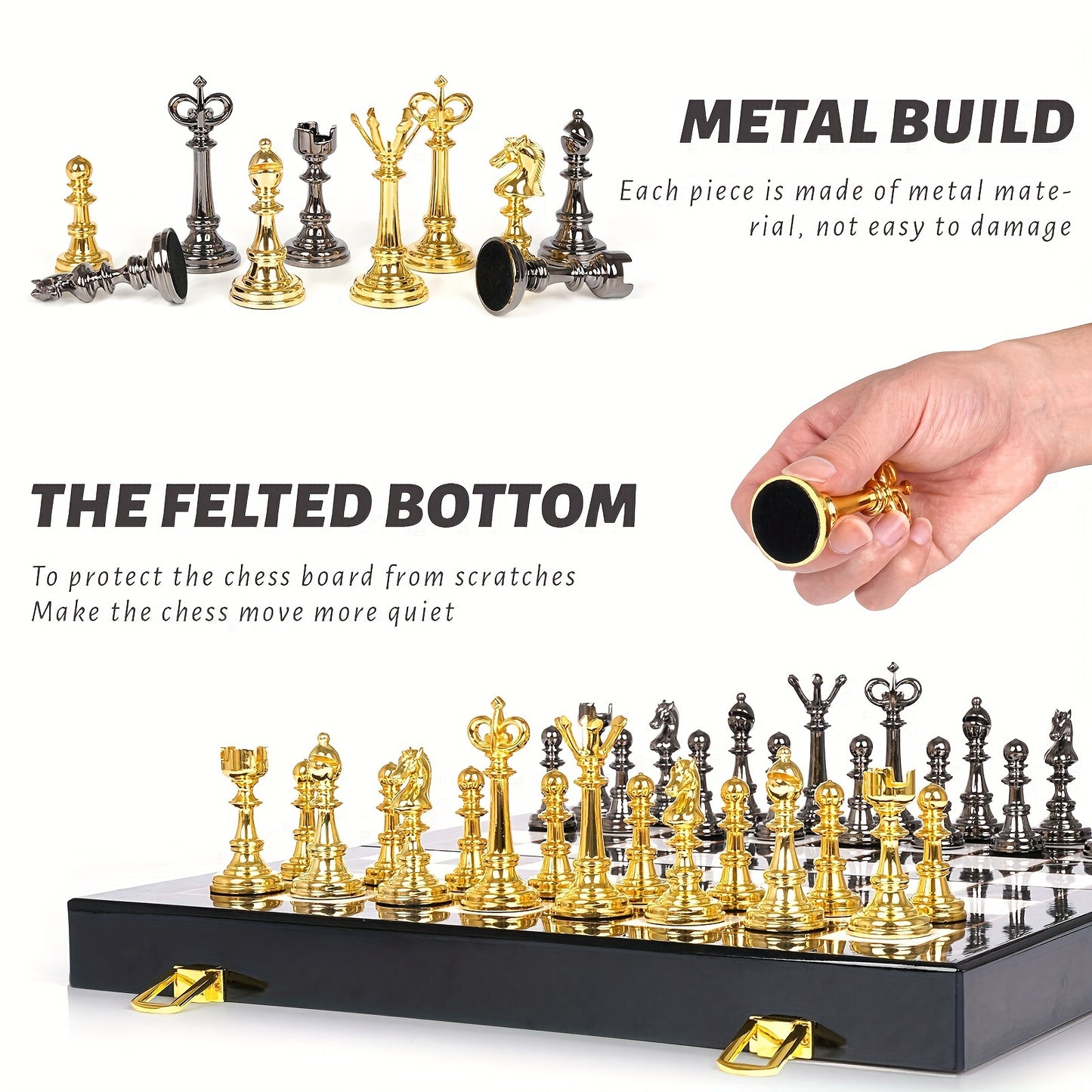 2-in-1 Metal Chess & Checkers Set with 15-Inch Portable Folding Wooden Board - Elegant Golden & Strategy Game with Storage Box, Durable Metal Pieces & Wooden Board for Adults, Travel-Friendly Chess and Checkers Game for Home,