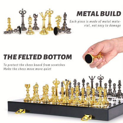 2-in-1 Metal Chess & Checkers Set with 15-Inch Portable Folding Wooden Board - Elegant Golden & Strategy Game with Storage Box, Durable Metal Pieces & Wooden Board for Adults, Travel-Friendly Chess and Checkers Game for Home,
