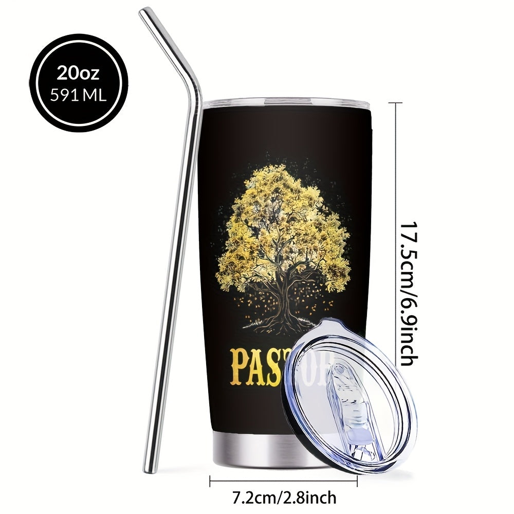 20oz Pastor Appreciation Cup with Lid & Straw - Stainless Steel Insulated Tumbler, Tree of Life Design, "Thank You for All You've Done" Message, Perfect Gift for Churches, Home, Office, Travel - Black, Church Gift Item | Insp