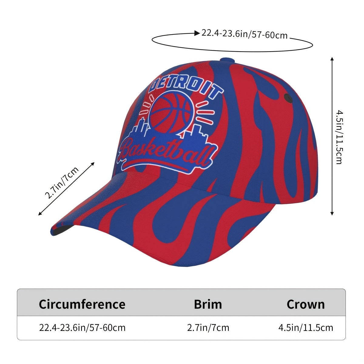 Detroit-Themed Snapback Baseball Cap with Red-Blue Flame Print - Lightweight Breathable Curved-Brim Hat Suitable for Basketball Fans, Events & Casual Wear, All- Cap for Motor City