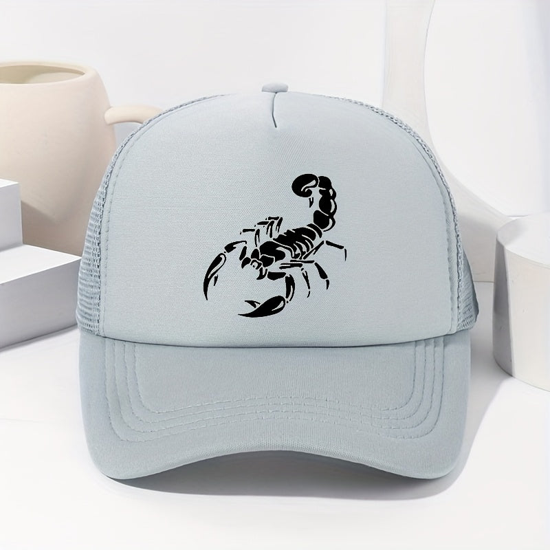 Unisex Scorpion Print Baseball Cap - Breathable Mesh Trucker Hat with Adjustable Fit for Outdoor Sports, Fishing & Casual Wear, Black with White Scorpion Design, Spring/Summer Collection, Spring Summer Cap | Stylish Headgear