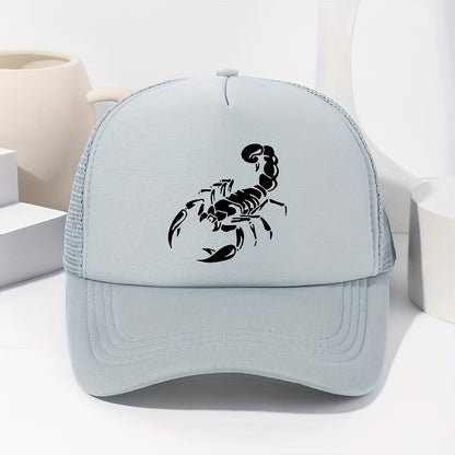 Unisex Scorpion Print Baseball Cap - Breathable Mesh Trucker Hat with Adjustable Fit for Outdoor Sports, Fishing & Casual Wear, Black with White Scorpion Design, Spring/Summer Collection, Spring Summer Cap | Stylish Headgear