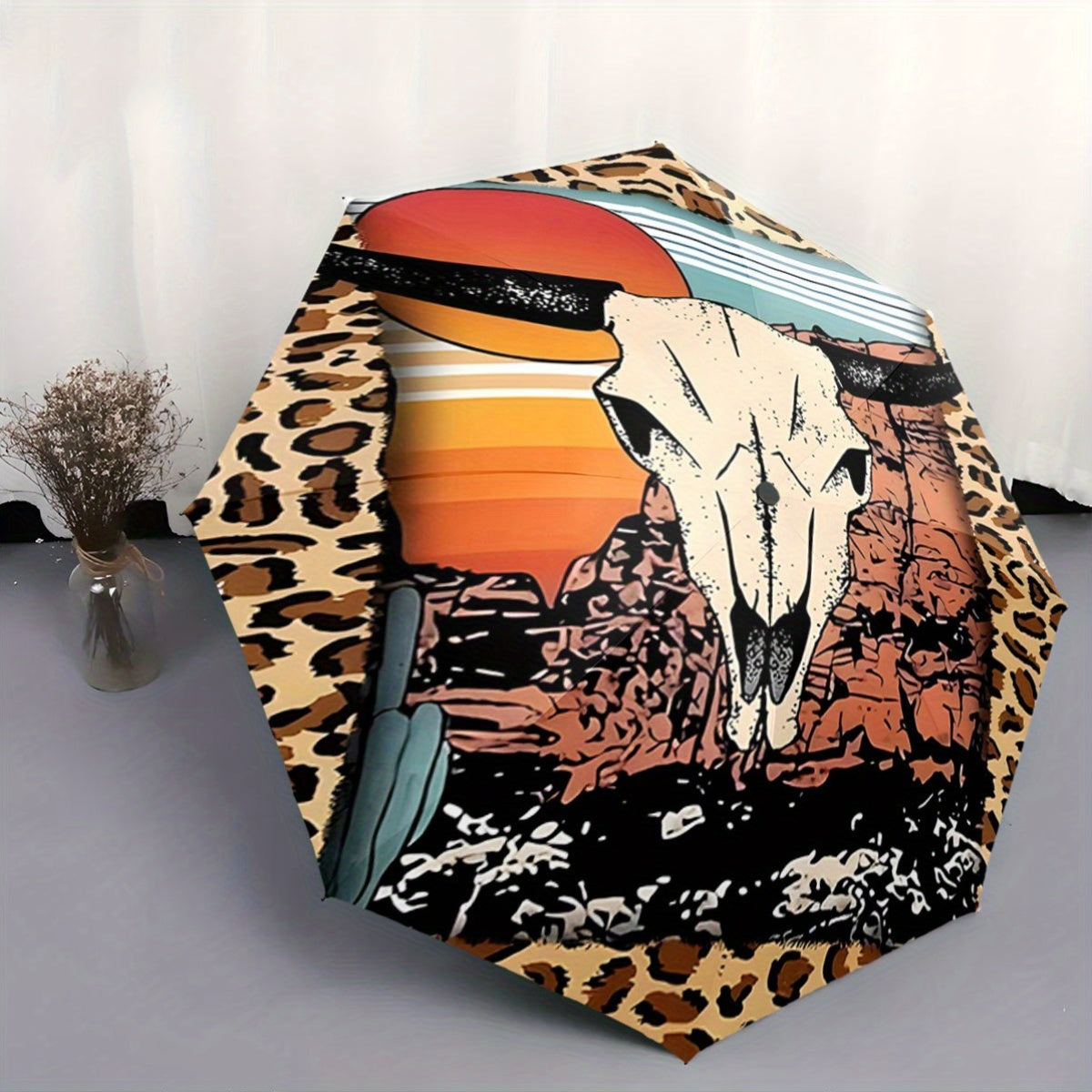 Automatic Open/Close Umbrella with Cow Skull & Desert Sunset Design - Leopard Print, Windproof 8-Rib Collapsible Umbrella, Portable All-Season Outdoor Accessory, Unique Gift for Christmas, Birthday, Festival, Umbrella Heavy D