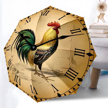 Automatic Open/Close Umbrella with Rooster Clock Face - Windproof Portable Folding Umbrella, 8-Rib Sturdy Frame, Golden & Design with Roman Numerals, Ideal Halloween/christmas Gift For Men & Women, Casual Fashion Umbrella, Du
