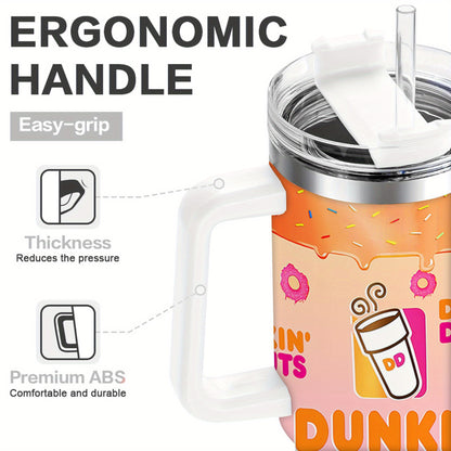 1pc 40oz Dunkin' Donuts Vibrant Pattern Tumbler, Double Wall Vacuum Insulated Travel Mug, Spill Proof Lid, Gift for Dad, Mom, Ideal for Christmas, Mother'S Day, Birthday Gift, Coffee Cup