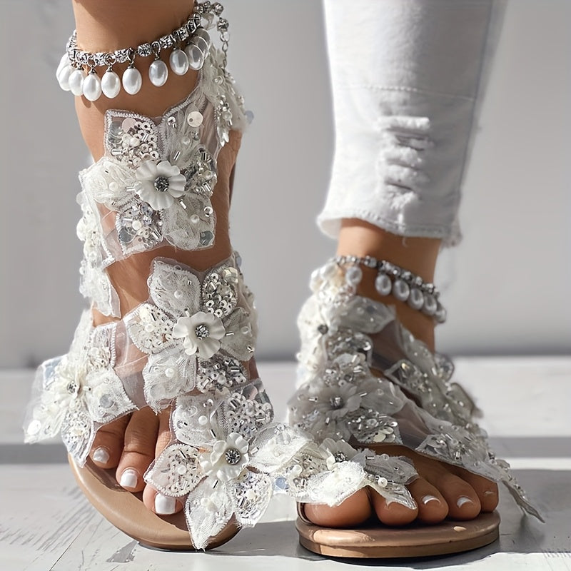 Adorable Summer Flip Flops Featuring Pearl Flower Sequins And Rhinestones - Anklet Sold Separately.