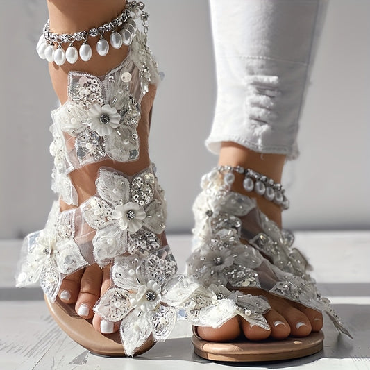 Adorable Summer Flip Flops Featuring Pearl Flower Sequins And Rhinestones - Anklet Sold Separately.