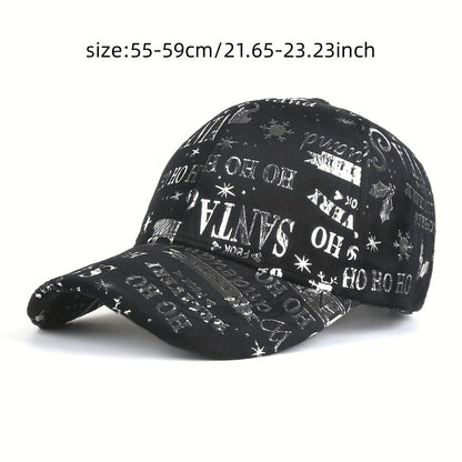 1pc Christmas Reflective Baseball Cap Adjustable Lightweight Polyester Vintage Distressed Six-Panel Street Style Cap with Random Print Patterns (Stars/Hearts/Music Notes) - Unisex Casual & Festive Holiday Accessory, Streetwea