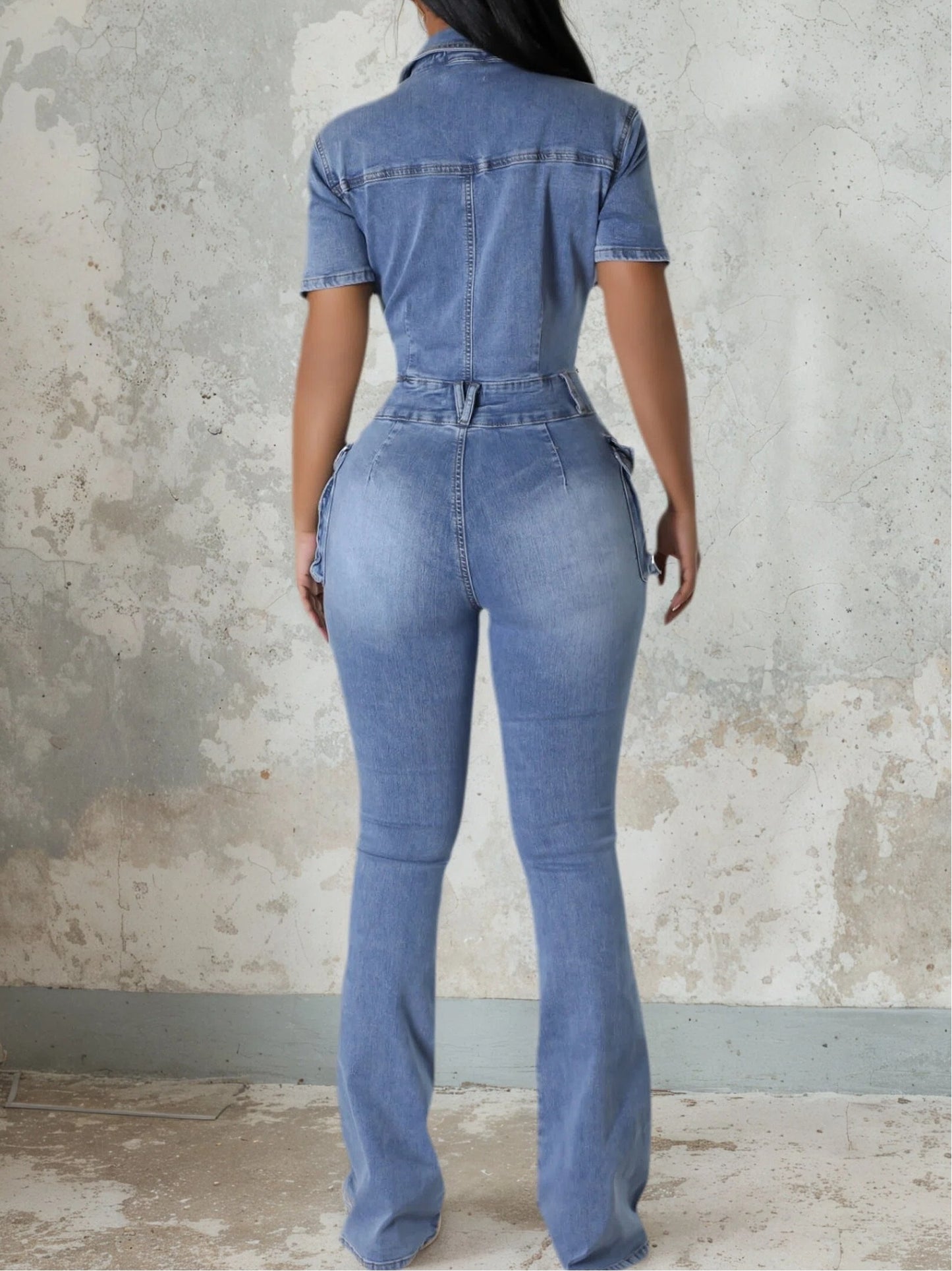 Women's Retro Denim Jumpsuit - Leg-elongating Flare Bell-Bottom Suit, Collar Short Sleeve Tight-Fit all-Season Wear for Parties Weddings Dates | Hand Washable Solid Color Outfit (No )