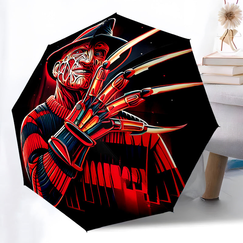 Horror Character 3 Theme Automatic Folding Umbrella 8-Rib Durable Design Windproof Portable Travel Umbrella - Vibrant Red & Black Artwork, Compact for Commuting, Gifts, Commuter Umbrella, Bold Visual Design, Sturdy Iron Ribs