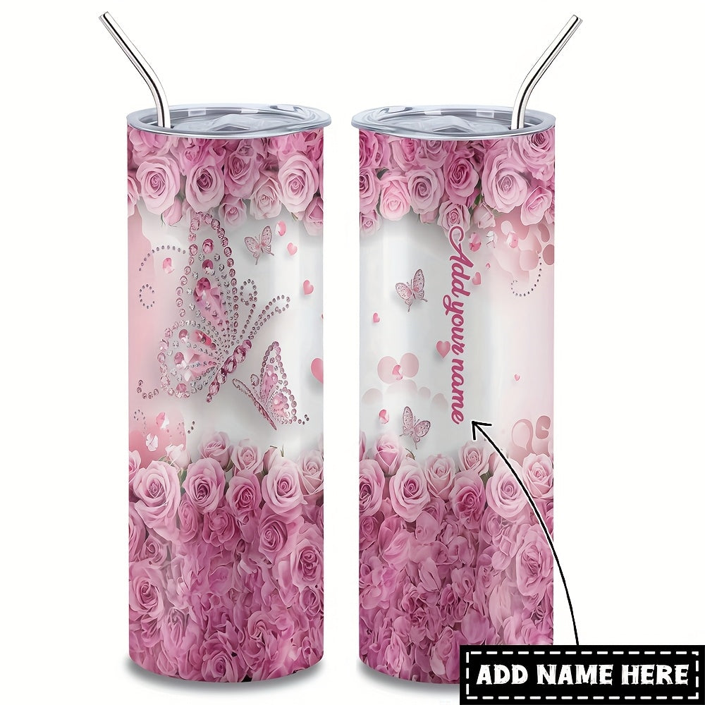 One Personalized 40Oz Tumbler Featuring a Lid And a Butterfly Design, Customized with a Name. This Stainless Steel Water Bottle Is Insulated And Built to Last, Making It a Perfect Gift for Various Occasions Such As Birthdays,