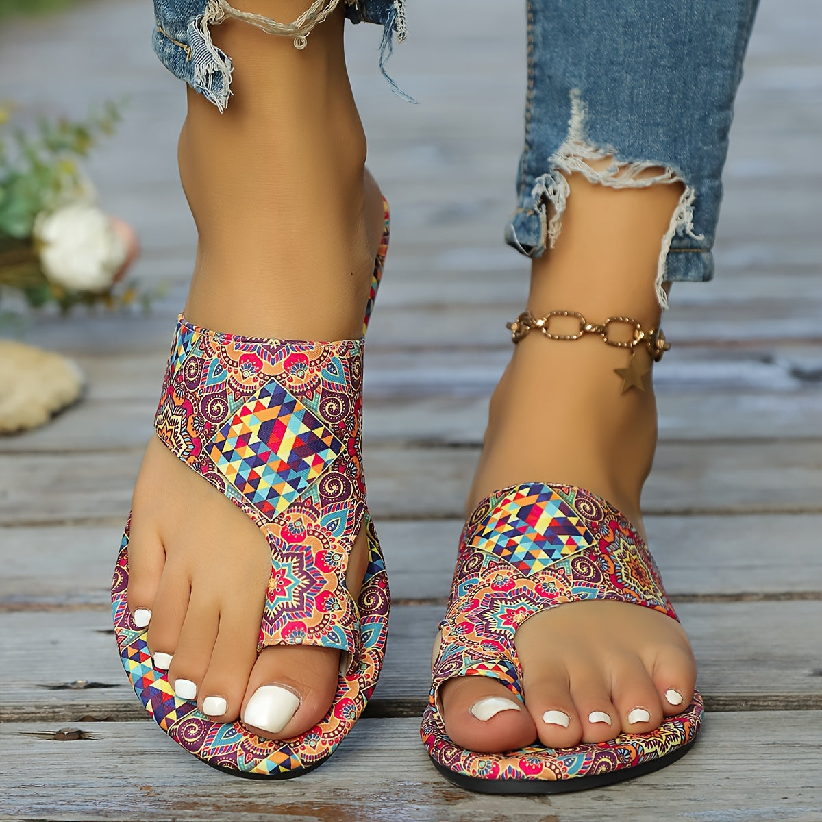 Women's Bohemian Floral Slide Sandals - Slip-On Open Toe Summer Shoes with Pink, Lightweight Flat Sandals for Beach, Casual Outfits - Easy Slip Closure & Non-Slip PU Sole, Beach Footwear