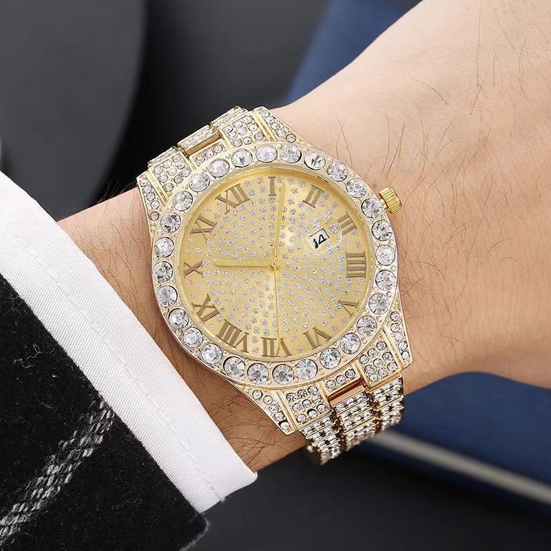 5pcs Hip Hop Men Watch Cuban Link Chain Set 15mm Necklace +Watch+Bracelet+Ring Creative Iced Out Stylish Jewelry For Women Men -The Perfect Gift For Father'S Day, Valentine'S Day, Easter, Birthdays, Christmas Gift