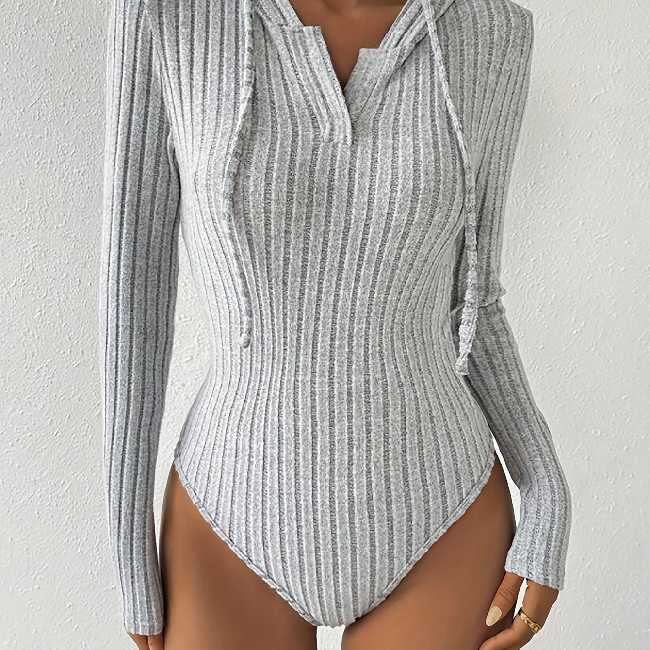 Simple Commuting Style Jumpsuit | V-Neck Drawstring Hooded Design with Vertical Stripes for, Suitable for Home Shopping, Dating, and Women'S Versatile Hooded Bodysuit