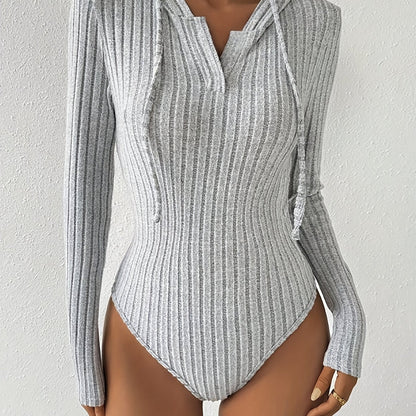 Simple Commuting Style Jumpsuit | V-Neck Drawstring Hooded Design with Vertical Stripes for, Suitable for Home Shopping, Dating, and Women'S Versatile Hooded Bodysuit
