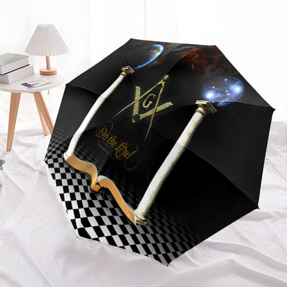 Masonic Symbolism Umbrella - Cute Cartoon Masonic Emblem Foldable Umbrella with Durable Iron Frame, 8-Rib Structure, Automatic Open, All-Season Multi-Functional for Home, Travel & Outdoor Use, Stylish Black & Golden Design, O
