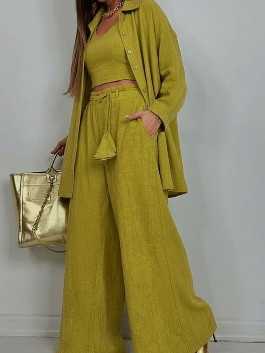 3pcs Set: Olive Green Long-Sleeve Cardigan + Tank Top + Wide-Leg Pants | Vintage French-Inspired Laid-Back Casual Style, Perfect for Vacations, Everyday Outings, And Spring/Summer Seasons.