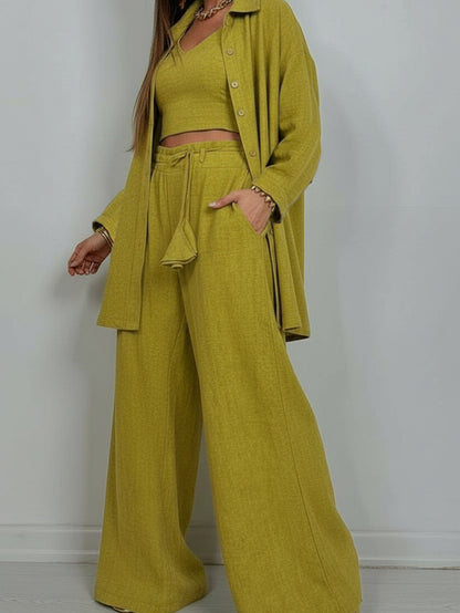 3pcs Set: Olive Green Long-Sleeve Cardigan + Tank Top + Wide-Leg Pants | Vintage French-Inspired Laid-Back Casual Style, Perfect for Vacations, Everyday Outings, And Spring/Summer Seasons.