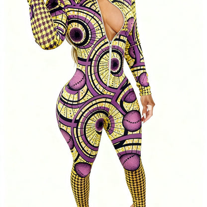 Women'S Allover Printed Jumpsuit - Long Sleeve with Zipper | Elegant Sexy, 4-Season Party & Special Occasion Outfit, Lapel Collar, Casual Style