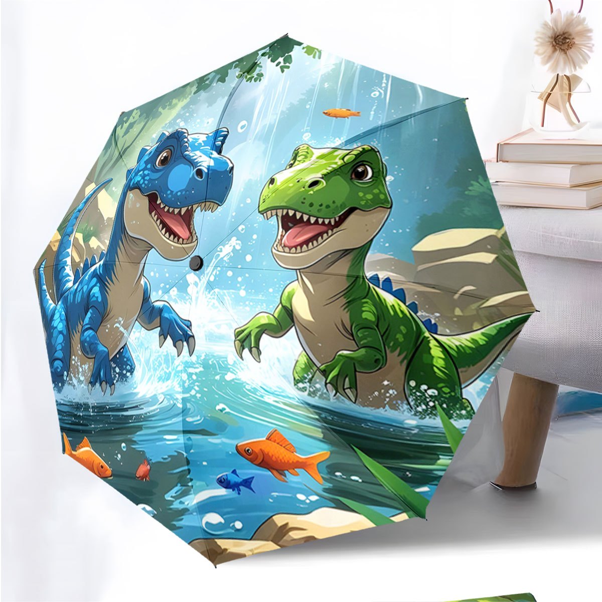 Automatic Open/Close Umbrella with One-Touch Button - Portable Folding umbrella, Compact Travel Umbrella with 8-Rib Strong Frame, Lightweight for Women/Men, Birthday/Christmas Gift for Dinosaur Lovers (Blue & Green Dinosaurs)