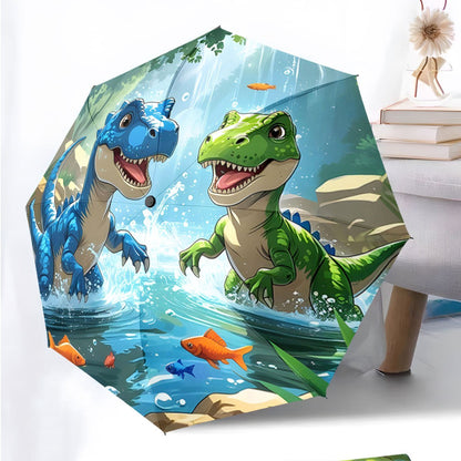 Automatic Open/Close Umbrella with One-Touch Button - Portable Folding umbrella, Compact Travel Umbrella with 8-Rib Strong Frame, Lightweight for Women/Men, Birthday/Christmas Gift for Dinosaur Lovers (Blue & Green Dinosaurs)