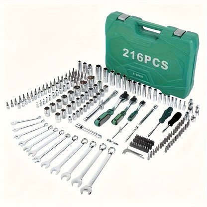 High End Professional 216 Tool Set, 1/4 "3/8" 1/2 "drive Depth And Standard Sleeves, Ratchet Wrench Set, S2 And CR-V Sleeves, Automotive Parts Repair Quick Ratchet Wrench And Other Automotive Repair Parts, Professional Racing
