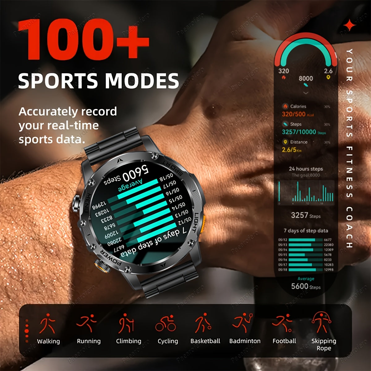 Paearofero 1000mAh Large Battery Outdoor Smartwatch, LED Flashlight, Wireless Calling, Voice Assistant, Multi-Function Reminder, Sports Fitness, 1.7-inch HD Display, Alloy Body, Men'S Smartwatch for iPhone&Android, Holiday Gi