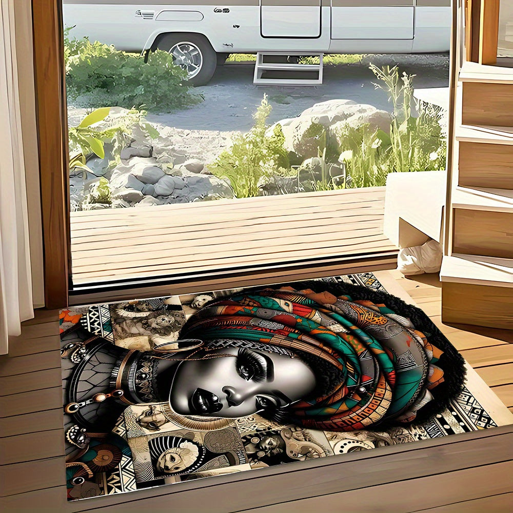 African-Inspired Tribal Art RV Camping Mat with Ethnic Headwrap Design - Durable Indoor/Outdoor Rug for Camping, Picnics, Living Room & Bedroom Decor, Camping Decorations