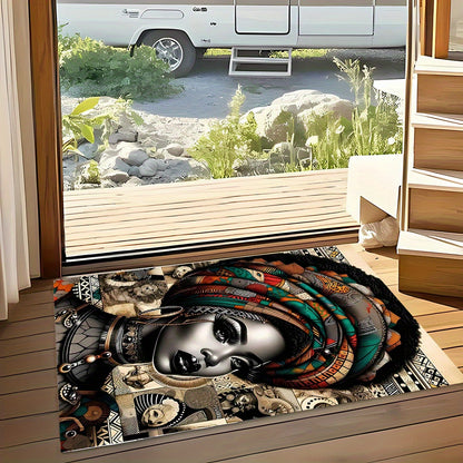 African-Inspired Tribal Art RV Camping Mat with Ethnic Headwrap Design - Durable Indoor/Outdoor Rug for Camping, Picnics, Living Room & Bedroom Decor, Camping Decorations