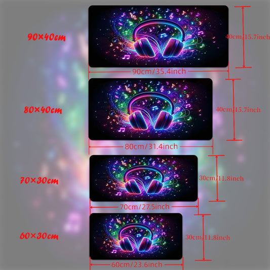 1pc XXL Large Gaming & Music Desk with Headphone & Sound Wave Design - Non-Slip Rubber Base, Neon Glow-like Music Notes (A-G) - Heavy-Duty Mouse Pad for PC, Computer, Office, DJ Setup - Compatible with Headphones & Controller