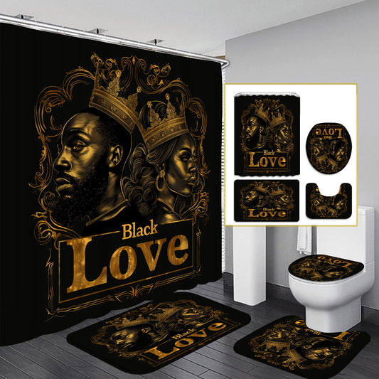 4pcs Black Golden Coronation Ceremony Pattern Printed Shower Curtain Set, Dry and Wet Separation Bathroom Four-piece Set, Home Decoration Shower Curtain with 12 Hooks, Non-slip Mat, U-shaped Toilet Mat, Toilet Seat Mat, Funct