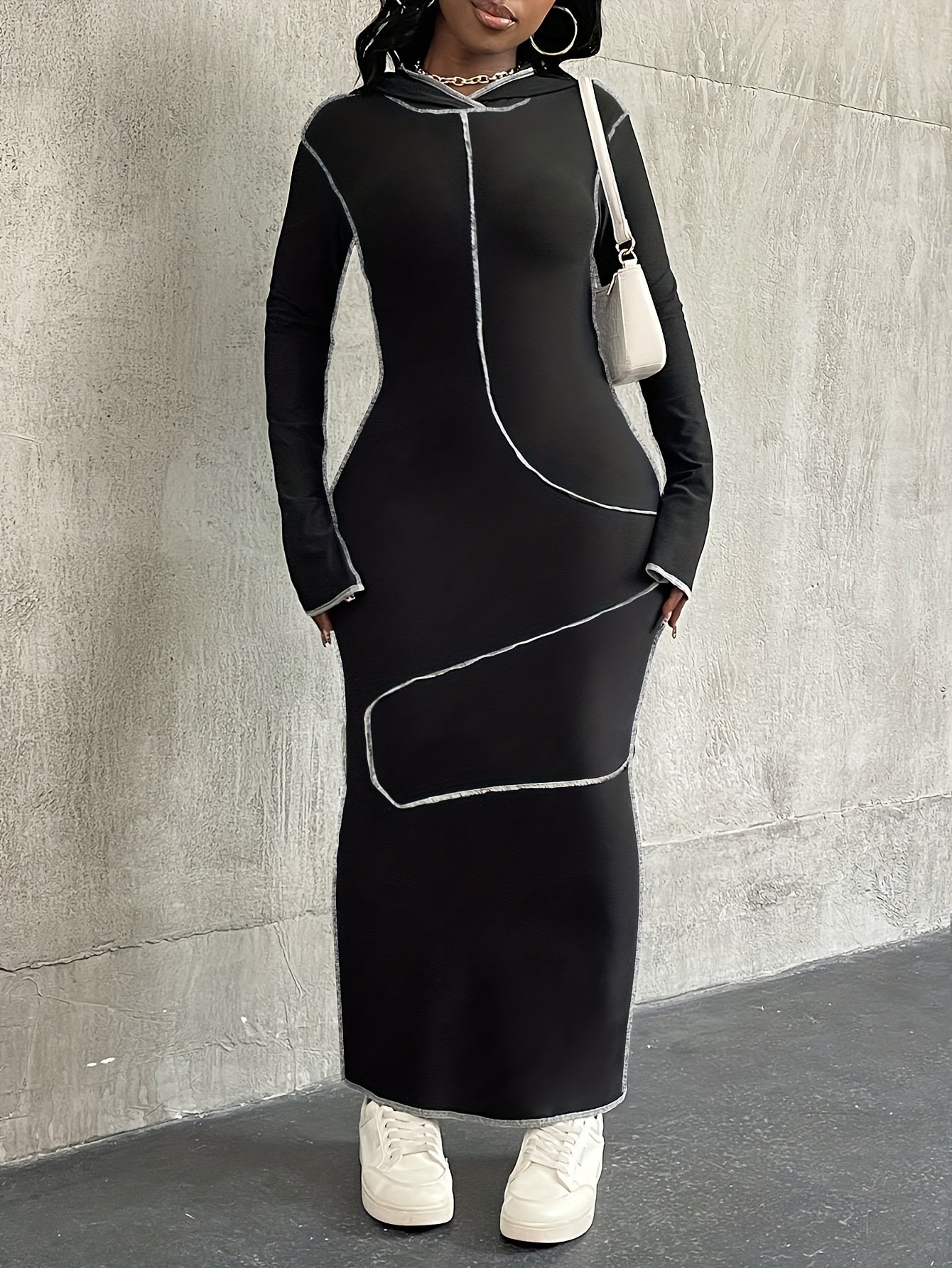 Fashionable Hooded Sweatshirt with Contrasting Seams, Fitted Long Skirt, Street-Style Dress