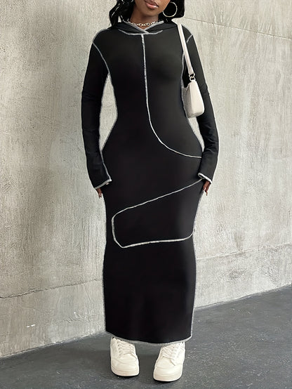 Fashionable Hooded Sweatshirt with Contrasting Seams, Fitted Long Skirt, Street-Style Dress